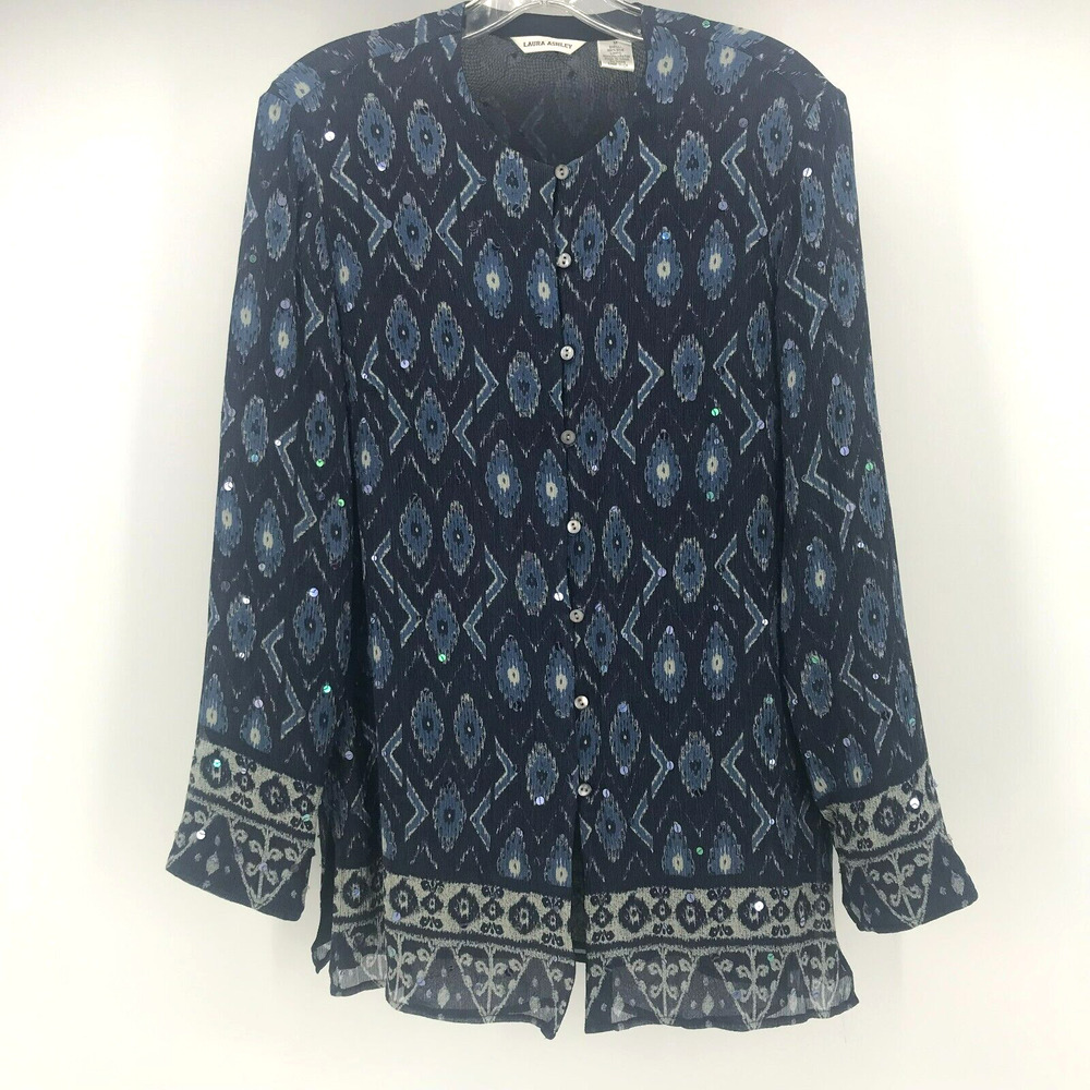 Vintage Laura Ashley Top Womens Medium Blue Sequin 100% Silk Button Down